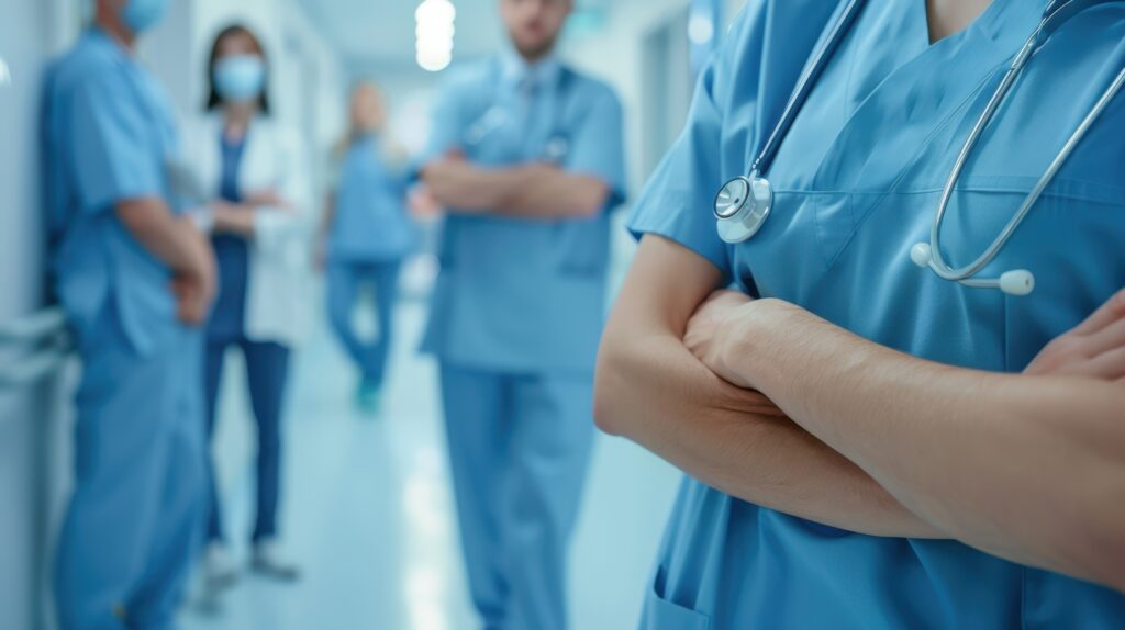 Medical staff in scrubs and masks standing in a hospital corridor.